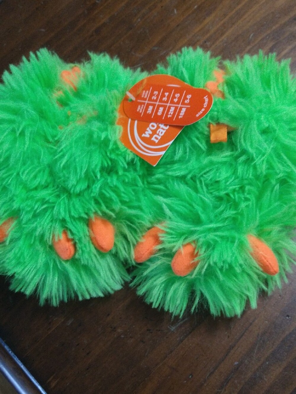 Wonder Nation Green Fuzzy Monster Slippers with Orange Accents